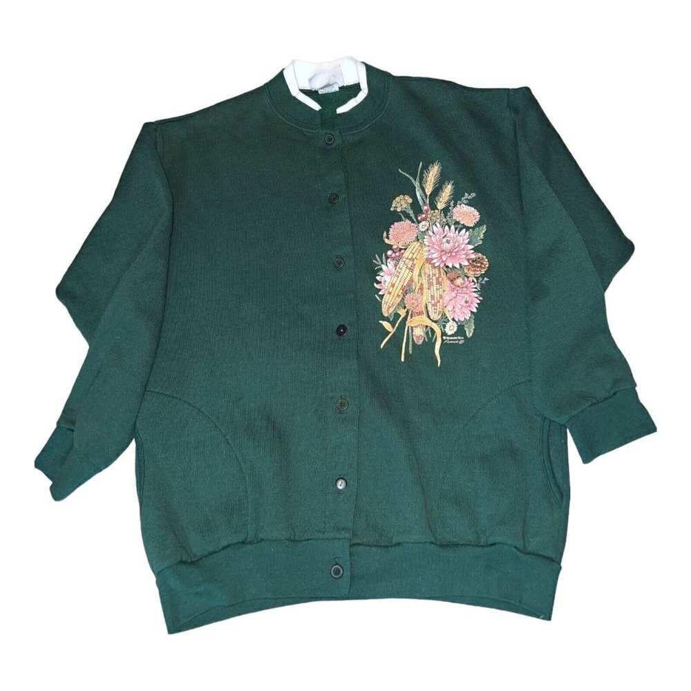 Vintage MORNING SUN Granny Green Fall Theme Long Sleeve Cardigan Sweater